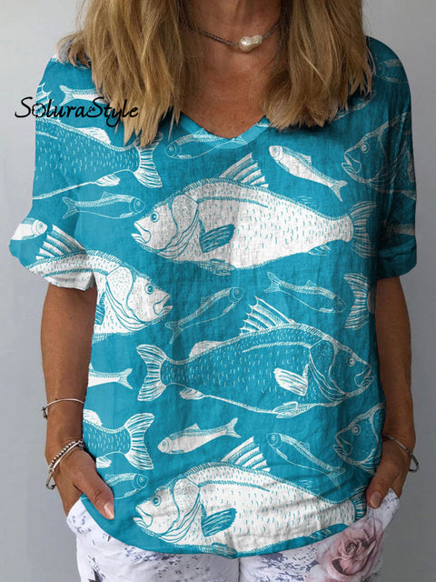 Women’s Fish Art Print Casual Cotton And Linen Shirt