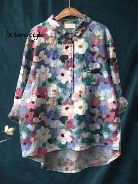 Women’s Floral Art Print Casual Cotton And Linen Shirt Multicolor / S