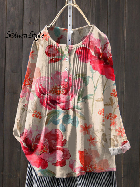 Women’s Floral Art Print Casual Cotton And Linen Shirt Multicolor / S