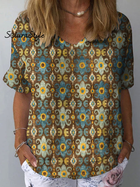 Women’s Floral Art Print Casual Cotton And Linen Shirt Multicolor / S