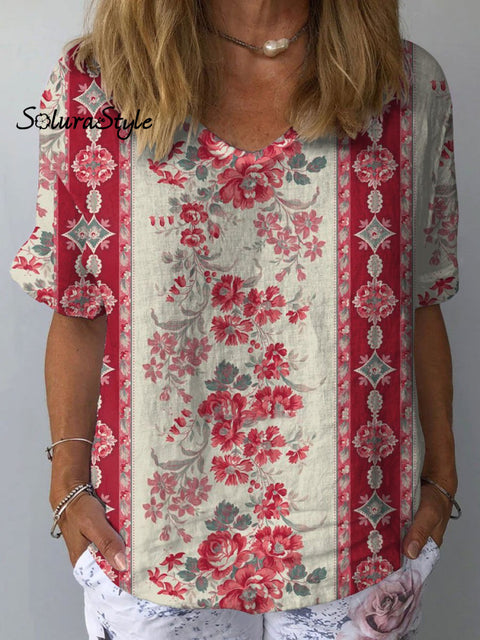 Women’s Floral Art Print Casual Cotton And Linen Shirt Multicolor / S