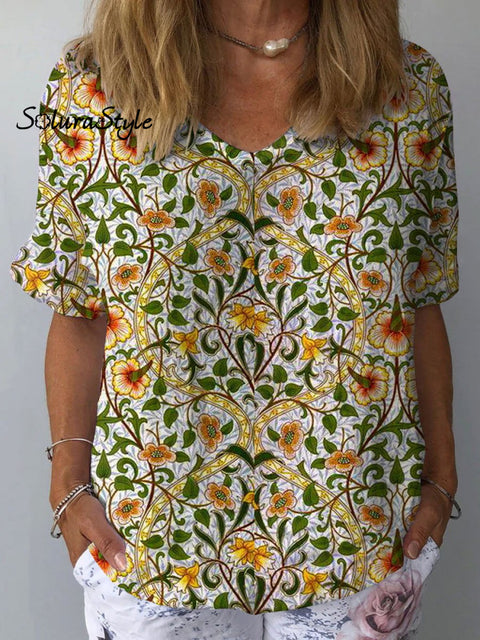 Women’s Floral Art Print Casual Cotton And Linen Shirt Multicolor / S