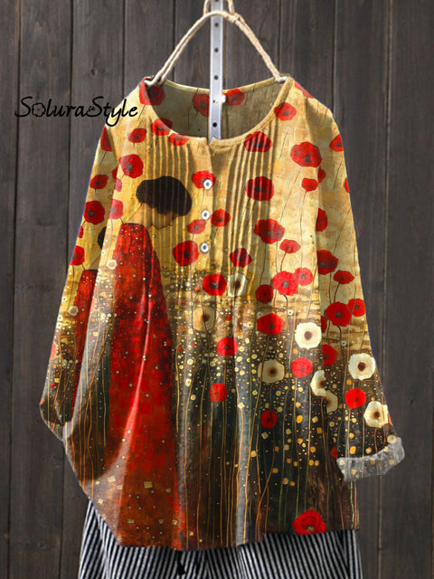 Women’s Floral Art Print Casual Cotton And Linen Shirt Multicolor / S