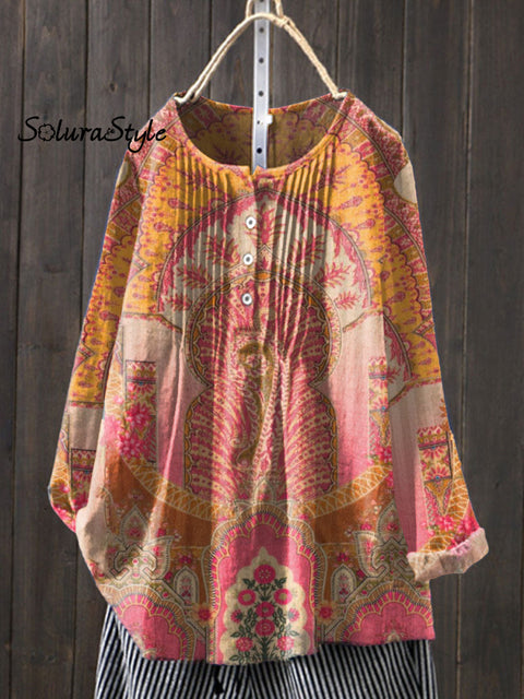 Women’s Floral Art Print Casual Cotton And Linen Shirt Multicolor / S