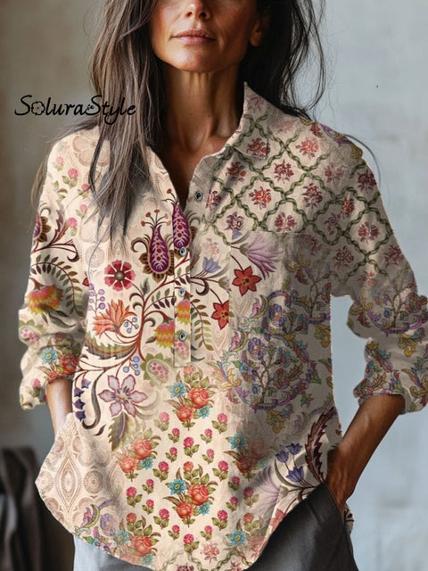 Women’s Floral Art Print Casual Cotton And Linen Shirt Multicolor / S