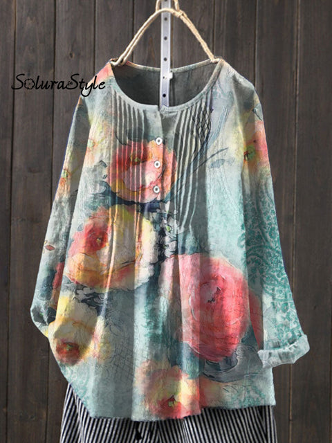 Women’s Floral Art Print Casual Cotton And Linen Shirt Multicolor / S