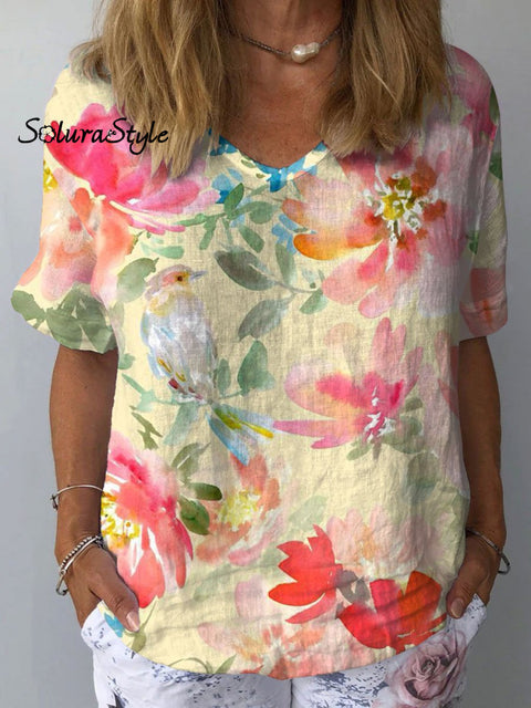 Women’s Floral Art Print Casual Cotton And Linen Shirt Multicolor / S
