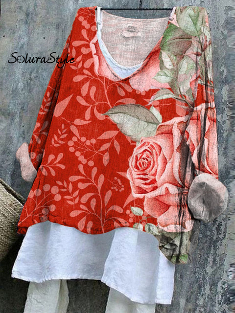Women’s Floral Art Print Casual Cotton And Linen Shirt Multicolor / S