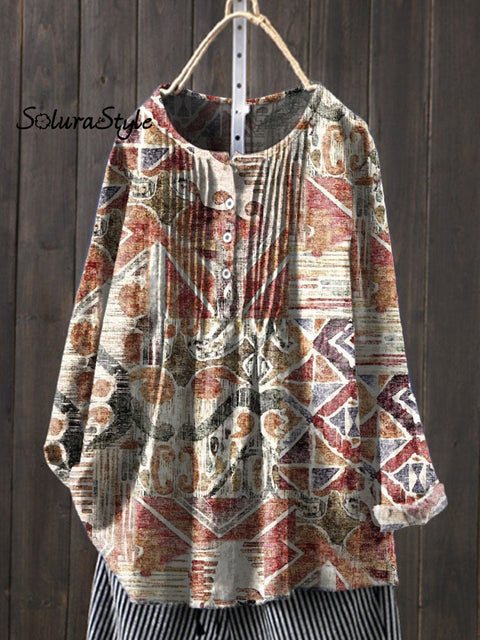 Women’s Floral Art Print Casual Cotton And Linen Shirt Multicolor / S