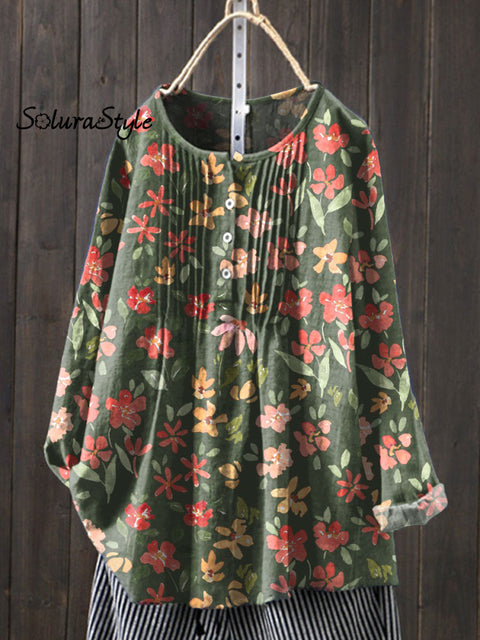 Women’s Floral Art Print Casual Cotton And Linen Shirt Multicolor / S