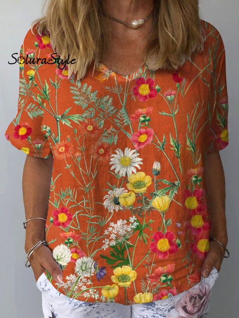Women’s Floral Art Print Casual Cotton And Linen Shirt Multicolor / S
