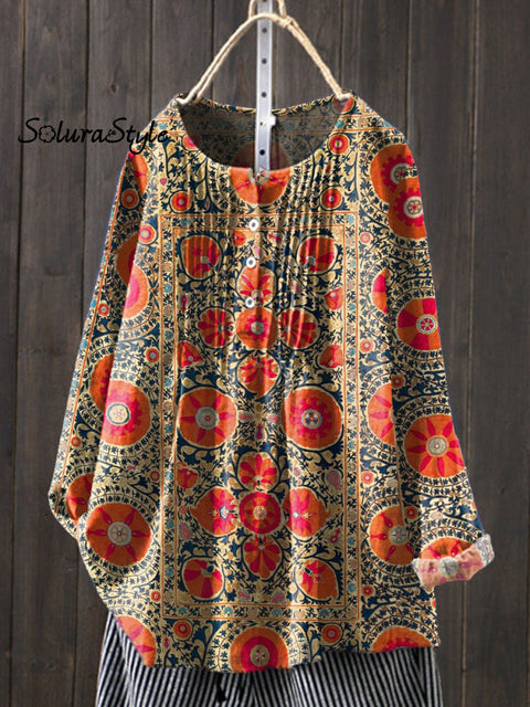 Women’s Floral Art Print Casual Cotton And Linen Shirt Multicolor / S