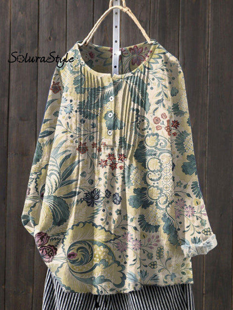 Women’s Floral Art Print Casual Cotton And Linen Shirt Multicolor / S