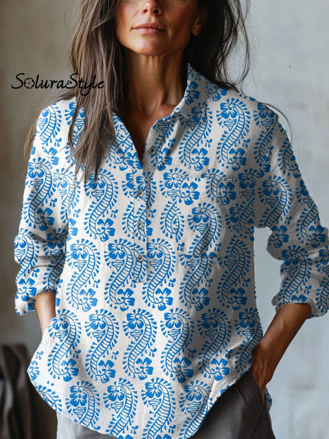Women’s Floral Art Print Casual Cotton And Linen Shirt Multicolor / S