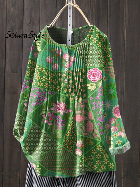 Women’s Floral Art Print Casual Cotton And Linen Shirt Multicolor / S