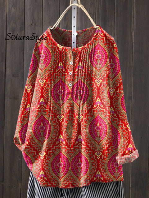Women’s Floral Art Print Casual Cotton And Linen Shirt Multicolor / S