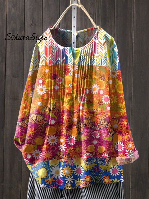 Women’s Floral Art Print Casual Cotton And Linen Shirt Multicolor / S