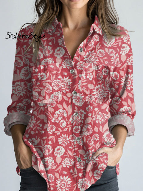 Women’s Floral Art Print Casual Long Sleeve Comfortable Cotton Shirt