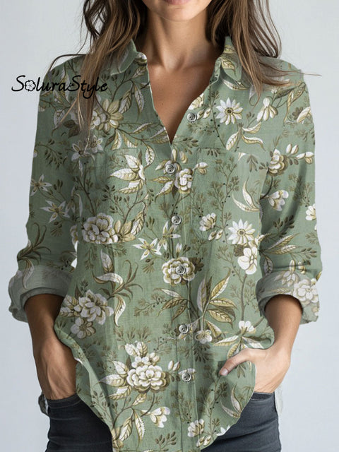 Women’s Floral Art Print Casual Long Sleeve Comfortable Cotton Shirt Multicolor / S