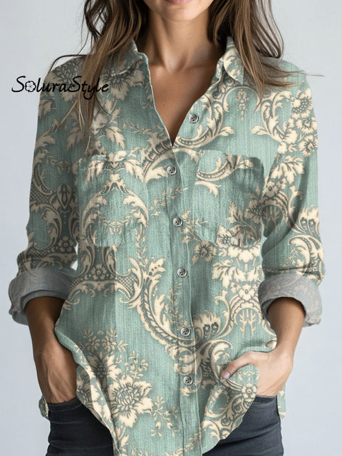 Women’s Floral Art Print Casual Long Sleeve Comfortable Cotton Shirt Multicolor / S