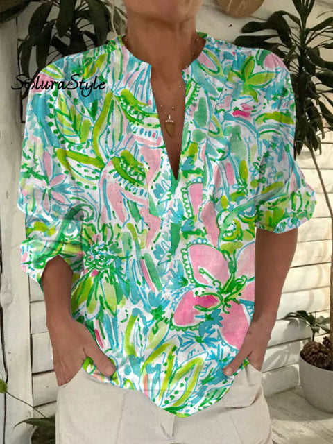 Women’s Floral Art Print Casual Short Sleeve Comfortable Cotton Shirt Multicolor / S