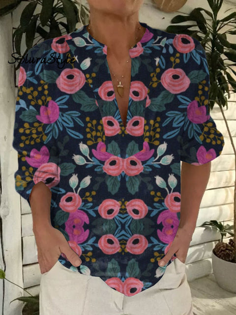 Women’s Floral Art Print Casual Short Sleeve Comfortable Cotton Shirt Multicolor / S