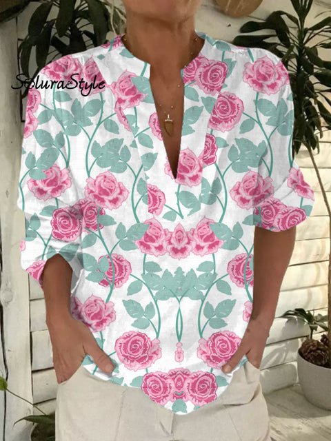 Women’s Floral Art Print Casual Short Sleeve Comfortable Cotton Shirt Multicolor / S