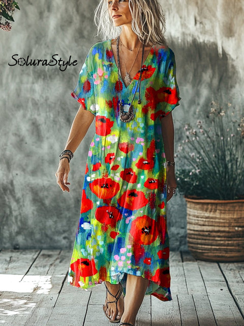 Women’s Floral Art Print Pocket Cotton Dress