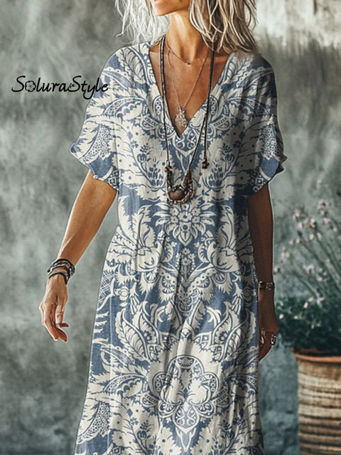 Women’s Floral Art Print Pocket Cotton Dress