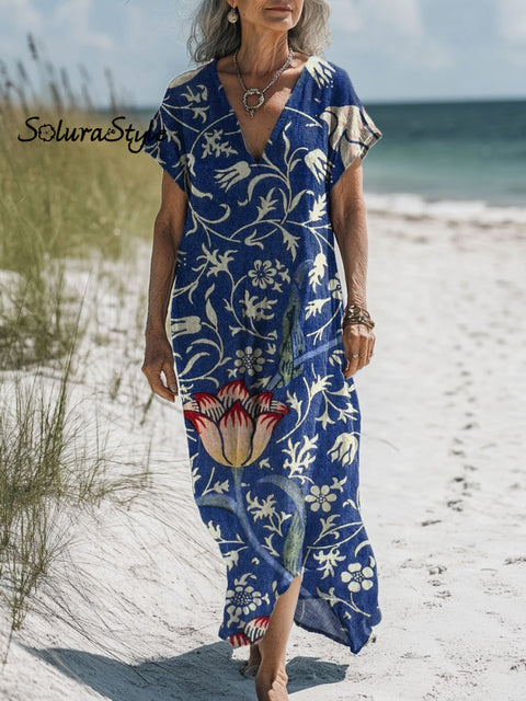 Women’s Floral Art Print Pocket Cotton Dress Multicolor / S