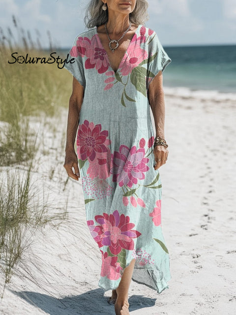 Women’s Floral Art Print Pocket Cotton Dress Multicolor / S