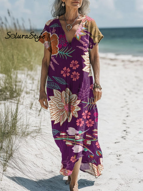 Women’s Floral Art Print Pocket Cotton Dress Multicolor / S