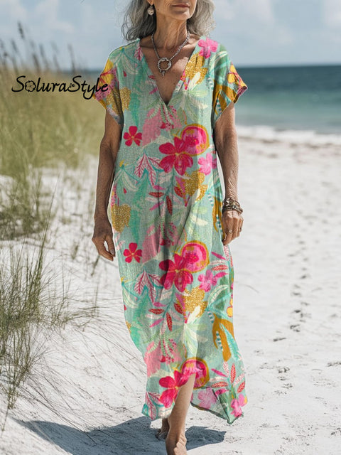 Women’s Floral Art Print Pocket Cotton Dress Multicolor / S