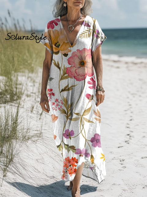 Women’s Floral Art Print Pocket Cotton Dress Multicolor / S