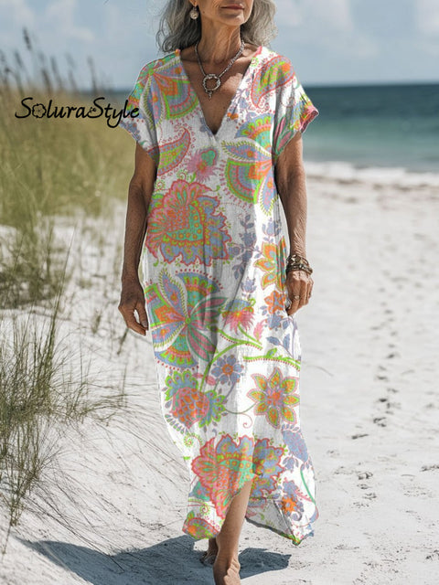 Women’s Floral Art Print Pocket Cotton Dress Multicolor / S