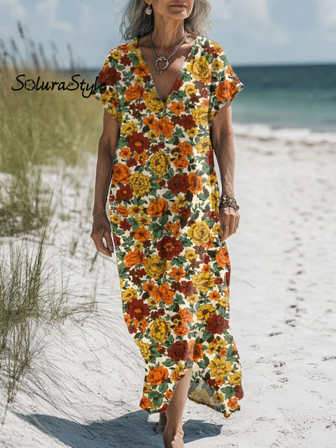 Women’s Floral Art Print Pocket Cotton Dress Multicolor / S