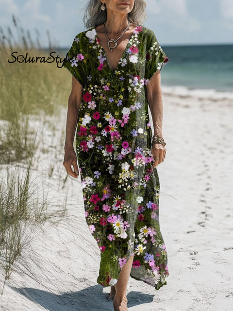 Women’s Floral Art Print Pocket Cotton Dress Multicolor / S