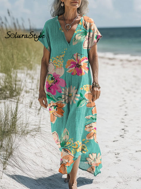 Women’s Floral Art Print Pocket Cotton Dress Multicolor / S