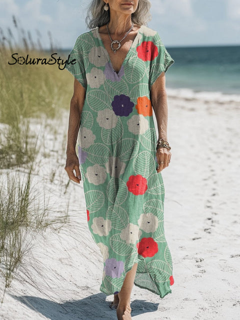 Women’s Floral Art Print Pocket Cotton Dress Multicolor / S