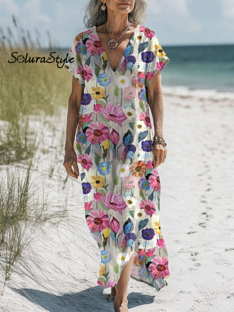 Women’s Floral Art Print Pocket Cotton Dress Multicolor / S