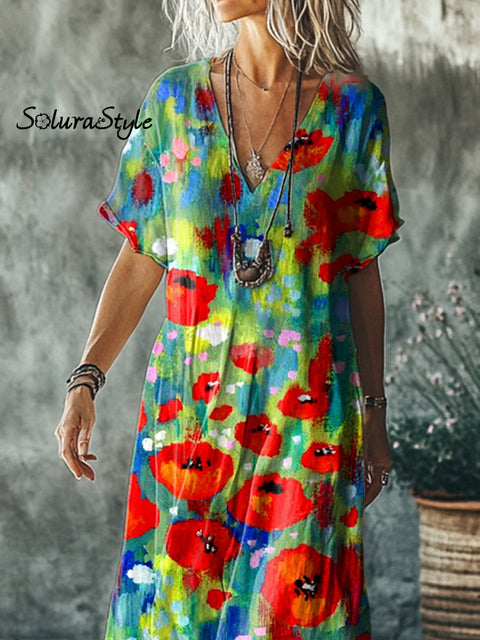 Women’s Floral Art Print Pocket Cotton Dress Multicolor / S