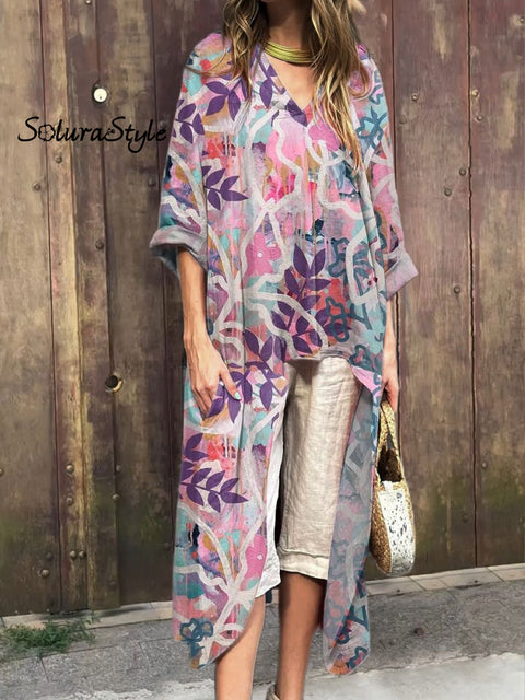 Women’s Floral Art Print V-Neck Cotton Short Sleeve Dress Multicolor / S