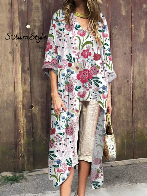 Women’s Floral Art Print V-Neck Cotton Short Sleeve Dress Multicolor / S