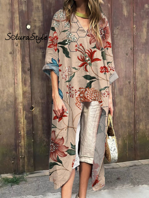 Women’s Floral Art Print V-Neck Cotton Short Sleeve Dress Multicolor / S