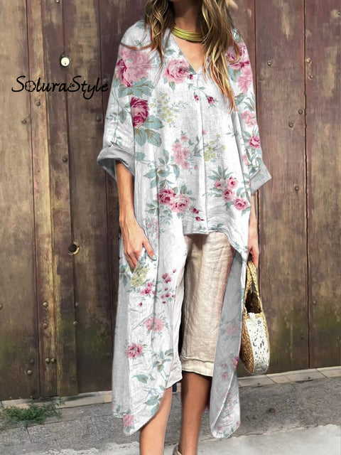 Women’s Floral Art Print V-Neck Cotton Short Sleeve Dress Multicolor / S