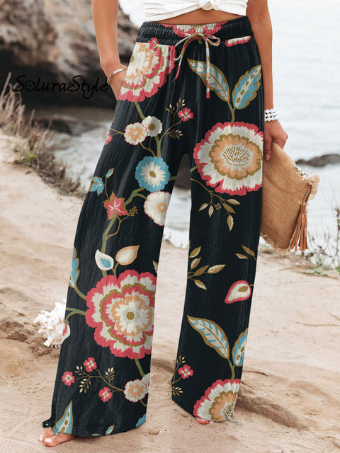 Women’s Floral Art Printed Cotton And Linen Casual Pants Multicolor / S