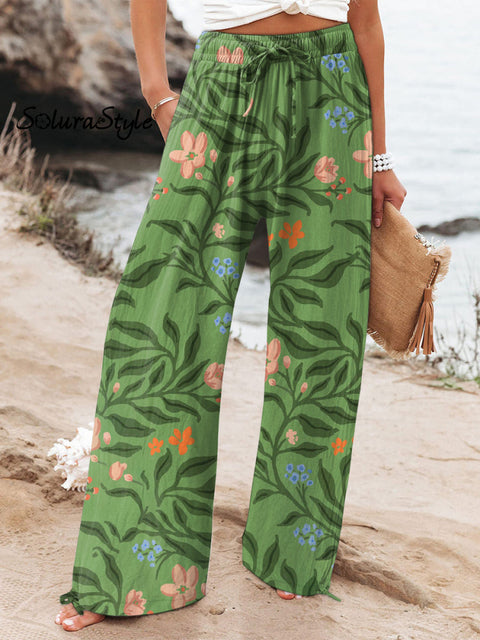 Women’s Floral Art Printed Cotton And Linen Casual Pants Multicolor / S