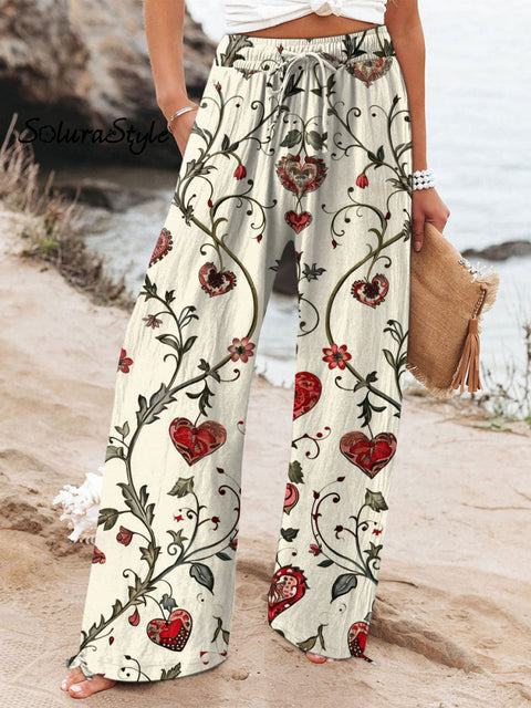 Women’s Floral Art Printed Cotton And Linen Casual Pants Multicolor / S