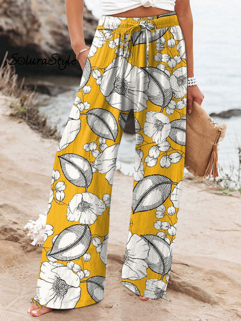 Women’s Floral Art Printed Cotton And Linen Casual Pants Multicolor / S