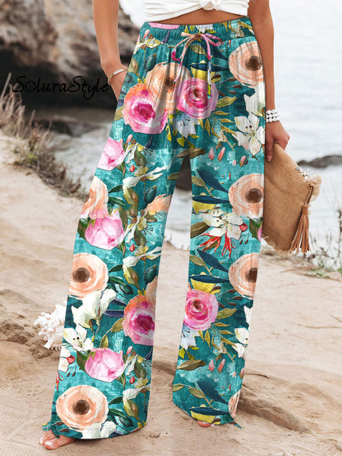 Women’s Floral Art Printed Cotton And Linen Casual Pants Multicolor / S